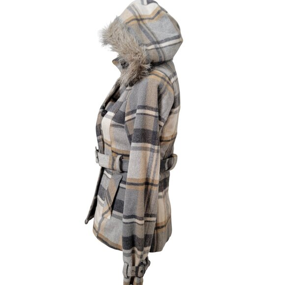 Rue 21 Size S Gray Tan Cream Plaid Polyester Wool Blend Double Breasted Jacket - Picture 5 of 14